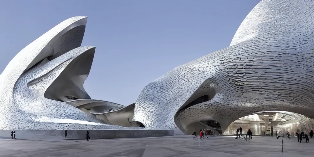 Image similar to extremely detailed ornate stunning beautiful elegant futuristic museum exterior by Zaha Hadid