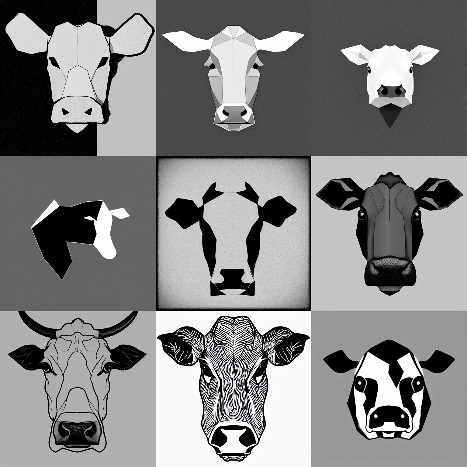 Prompt: a cow head, low polygon, black on white, outline