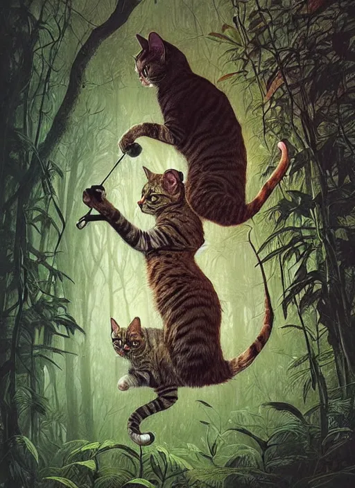 Image similar to a hyper realistic illustrated cat with playing with a bird in the woods gorgeous lighting, lush forest foliage painting by chiara bautista and beksinski and norman rockwell and greg rutkowski weta studio, and lucasfilm