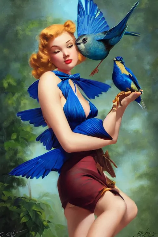 Image similar to hyper realistic painting, tasteful pinup girl holding an indigo bunting, bird, the bird is wearing a bowtie, by greg rutkowski, rossdraws, gil elvgren, enoch bolles, anime, porcelain skin, very coherent