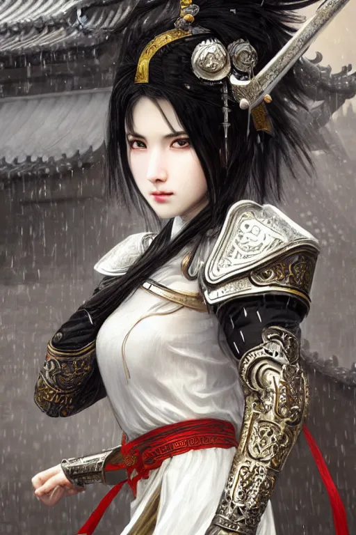 Image similar to portrait black hair young knights of Dynasty Warriors girl, matt white color armor, in ruin chinese temple rooftop heavily rain magic night, ssci-fi and fantasy, intricate and very beautiful and elegant, highly detailed, digital painting, soft light, artstation, concept art, smooth and sharp focus, illustration, art by tian zi and WLOP and alphonse mucha