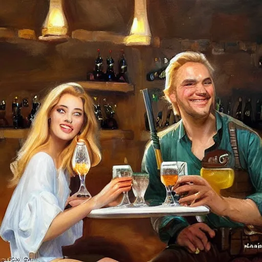 Prompt: ((Boba Fett)) and a beautiful young blonde drinking beer in a wine cellar, food, meat, schnapps, torches on the wall, romantic, inviting, cozy, painting by Vladimir Volegov