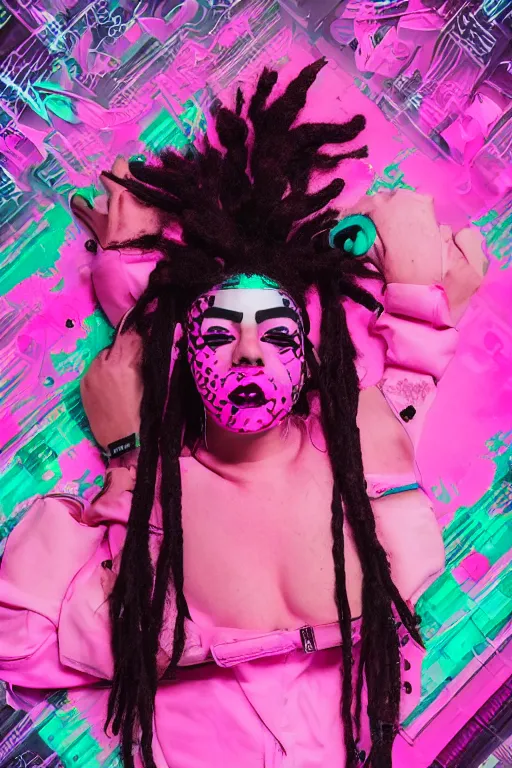 Image similar to portrait of an cybergoth girl with pink and black dreads laying on the floor of her room on ipad, by laia lopez, vaporwave colors, lo - fi colors, vaporwave, lo - fi, moody vibe, goth vibe, 4 k, hd,