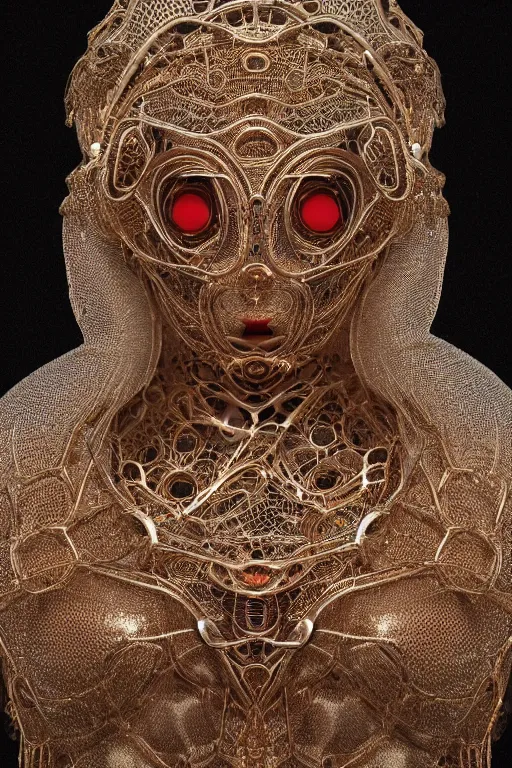 Prompt: a melancholic realistic 8k Sculpture of a complex robotic human face, liquid simulation, dramatic lighting, silver gold red details, hexagonal mesh wire, filigree intricate details, cinematic, fleshy musculature, white blossoms, elegant, octane render, art nouveau, 8k post-processing, intricate artwork by alphonse mucha