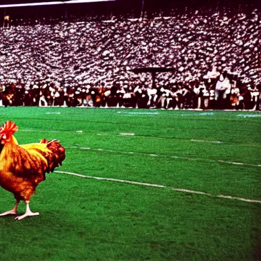 Image similar to the famous funky chicken runs across a football field, interrupting the big game, 3 5 mm