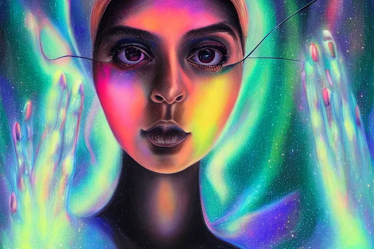 Image similar to patron saint of 🛸🌈👩🏾, futuristic iridescent clothing, wormhole, nebula, black hole, multiverse, neon god of city character portrait, in the style of margaret keane, moebius, tom bagshaw, and waterhouse, cinematic lighting, beautiful, elegant, oil painting,