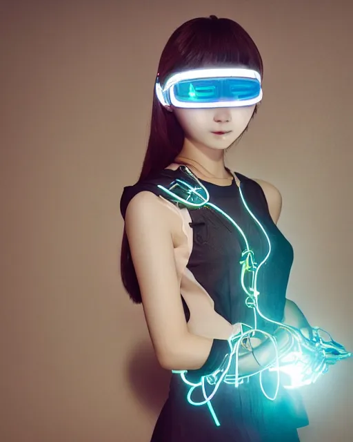 Prompt: beautiful centered photo of korean girl as a solarpunk cyborg with white mechanical parts and implanted bright neon lamps, treading above calm water, ultra - realistic and detailed, sun lit, white background, bokeh, soft focus, slow exposure hdr 8 k