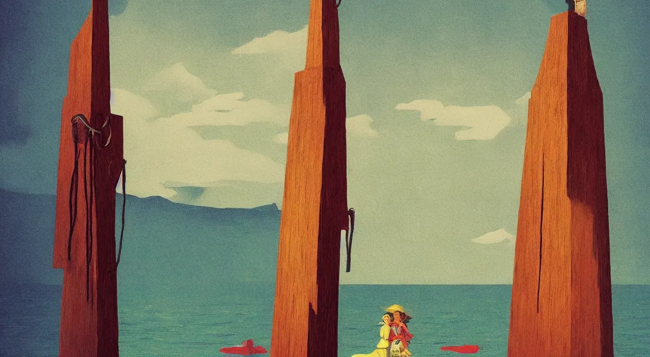 Image similar to single flooded simple wooden totem, very coherent and colorful high contrast!! masterpiece by rene magritte simon stalenhag carl spitzweg syd mead norman rockwell edward hopper james gilleard, minimalist, dark shadows, sunny day, hard lighting