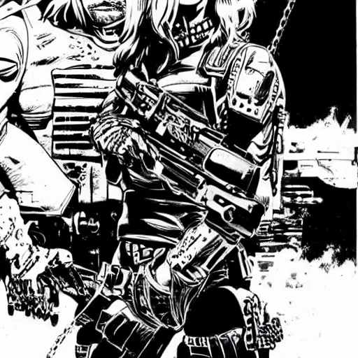 Image similar to sci - fi, dystopian bounty hunter, art by kevin eastman, black and white