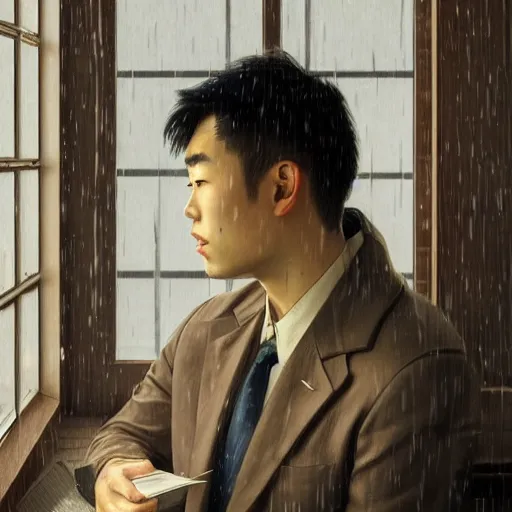 Image similar to portrait of asian guy studying by the window with rain outside, highly detailed, digital painting, artstation, concept art, smooth, sharp focus, illustration, art by artgerm and greg rutkowski and alphonse mucha