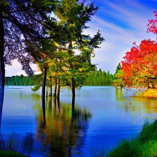 Image similar to lakeside, dreamlike, bright colors, fantasy,