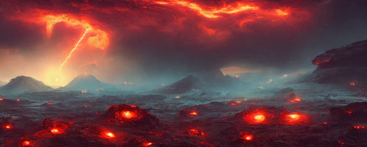 Image similar to ” outer planet with flowing rivers of magma, storm clouds and erupting volcanoes, [ art by paul lehr, cinematic, detailed, epic, widescreen, opening, establishing, mattepainting, photorealistic, realistic textures, octane render ] ”