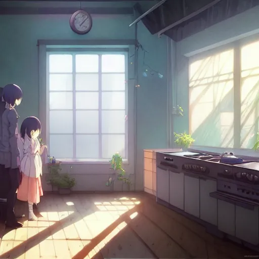 Image similar to interior background art, bright window lit kitchen, morning, food on the stove, wooden floors, houseplants, cottage decor, gapmoe yandere grimdark, trending on pixiv fanbox, painted by greg rutkowski makoto shinkai takashi takeuchi studio ghibli, akihiko yoshida