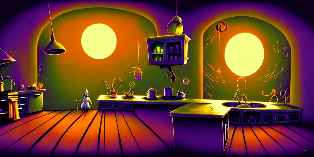 Image similar to curved perspective digital art of a kitchen without windows lights off from tim burtons nightmare before christmas by petros afshar