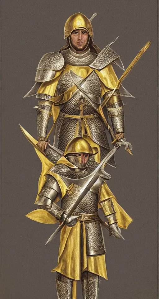 Prompt: portrait of bachir gemayel as a crusader knight with a maronite cross on his chest, wearing a golden shining armor, with a longsword and a golden kiteshield on his respective hands, hightly detailed, ultra realistic, intricate details, perfect lighting by raffaele pagani