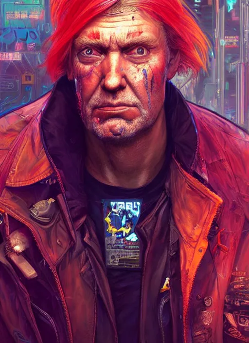 Image similar to portrait of Trump as a homeless character in Cyberpunk 2077, looking at camera, intricate, dystopian, sci-fi, extremely detailed, digital painting, artstation, concept art, smooth, sharp focus, illustration, intimidating lighting, incredible art by artgerm and greg rutkowski and alphonse mucha and simon stalenhag