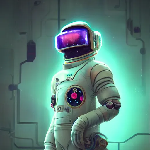 Image similar to cyberpunk astronaut bot, cinema 4 d, galaxy space sci - fi, wearing vr goggles, illustration, portrait, pastel neon textured background night, trending on artstation, greg rutkowski, octane rendered, 1 2 k, detailed,