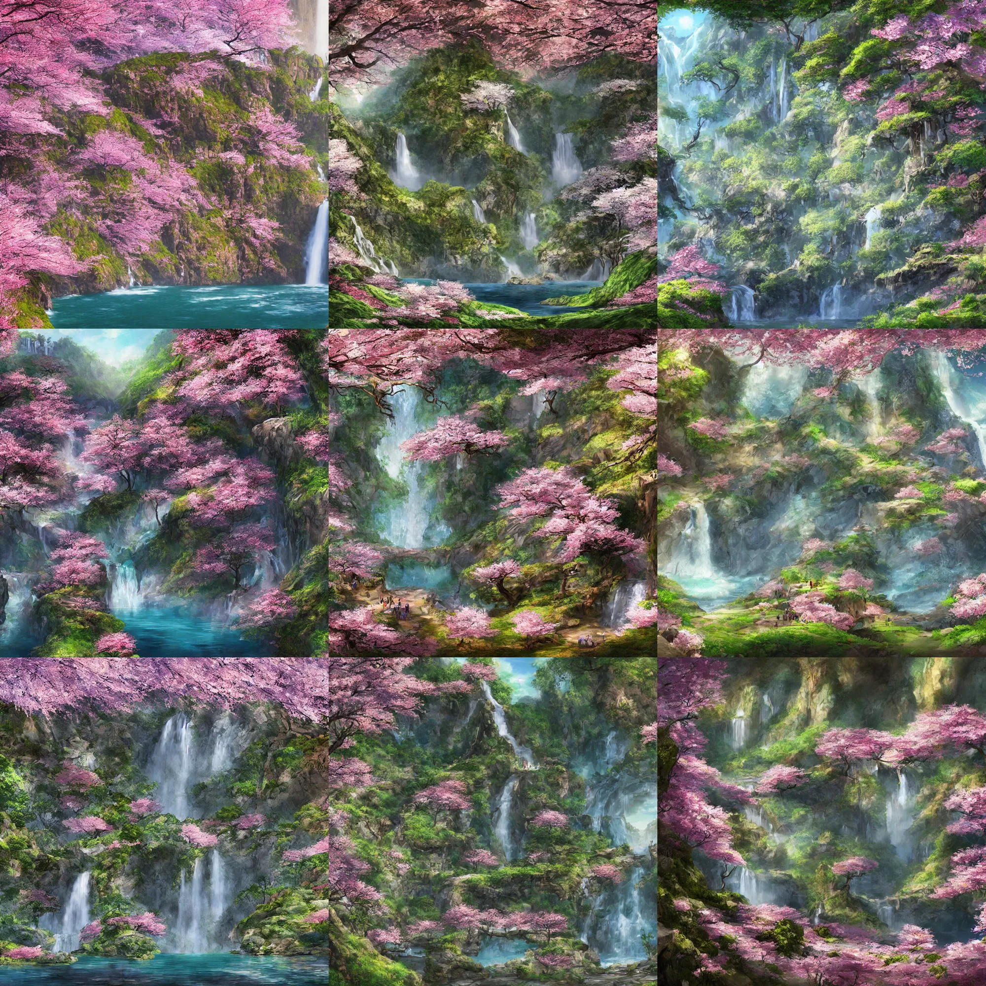 Prompt: beautiful enclosed area surrounded by cliffs with waterfalls and a big cherry blossom tree in the center, concept art, digital art, highly detailed