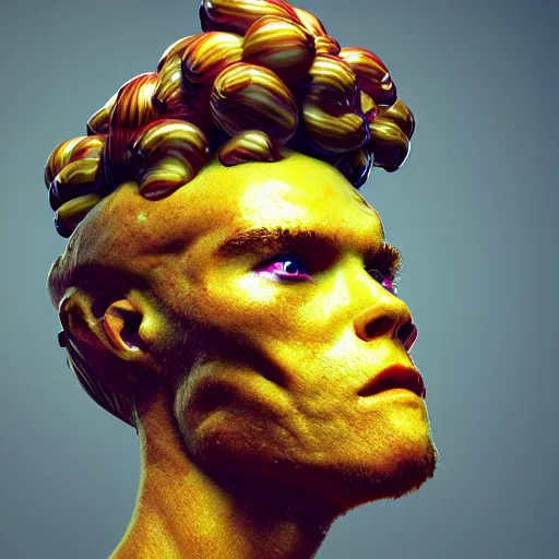 Image similar to man's head made out of lemon skin, head is exploding into a swirl of jam, jam swirl explosion : ornate, dynamic, particulate, intricate, elegant, highly detailed, centered, artstation, smooth, sharp focus, octane render
