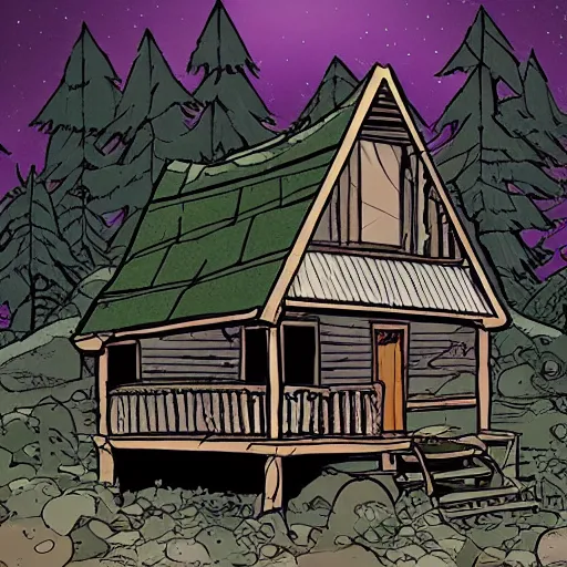 Prompt: a illustration of a Eerie cabin in the middle of the woods in the style of Stan lee comic book