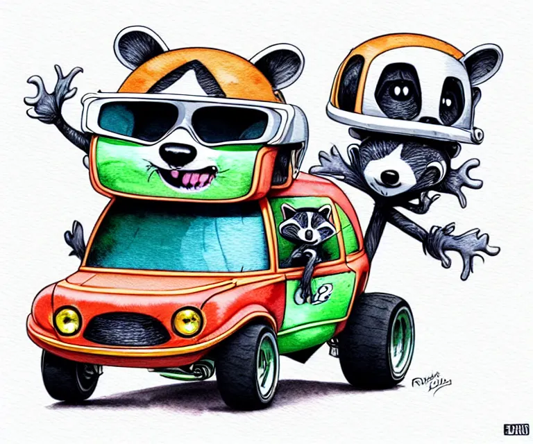 Image similar to cute and funny, racoon wearing a helmet riding in a tiny 2 0 1 7 infinti qx 8 0, ratfink style by ed roth, centered award winning watercolor pen illustration, isometric illustration by chihiro iwasaki, edited by range murata