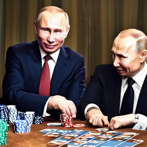 Prompt: UHD candid color photo of Putin, Klaus Schwab, and Biden playing poker, accurate faces, UHD, photorealistic, correct face, photo by Annie Leibowitz