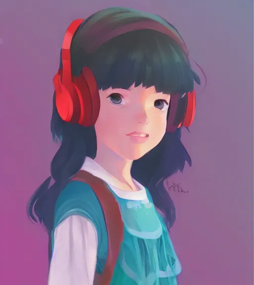 Image similar to beautiful little girl character inspired by 9 0's fashion and by madeline from celeste, art by rossdraws, wlop, ilya kuvshinov, artgem lau, sakimichan and makoto shinkai, concept art, headphones