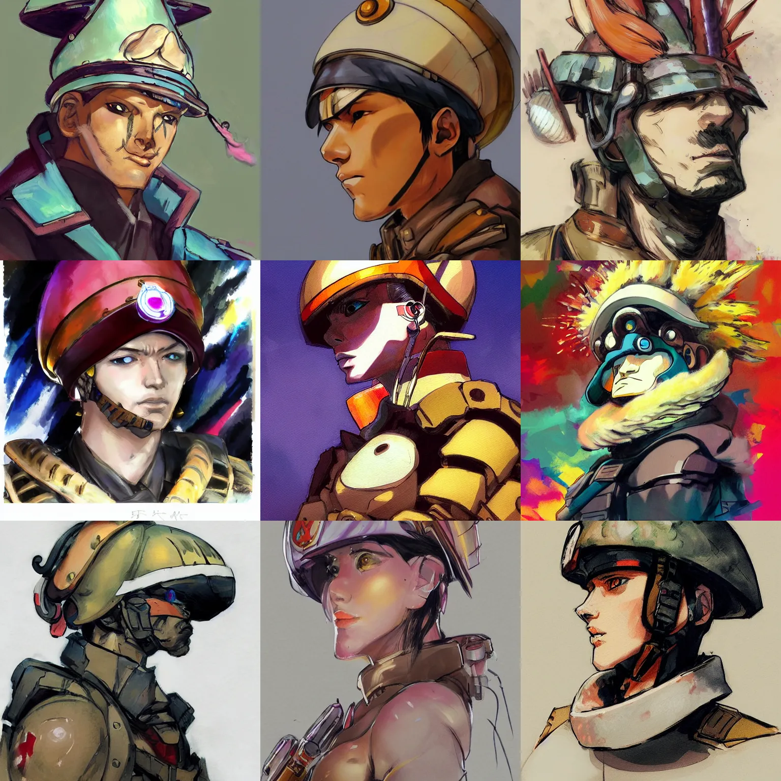 Prompt: a beautiful side portrait painting of a psychic soldier, with a seashell helmet ( like a pokemon slowking ). the shell is pretty colorful. art by yoji shinkawa, trending on artstation, award - winning, perfect composition.