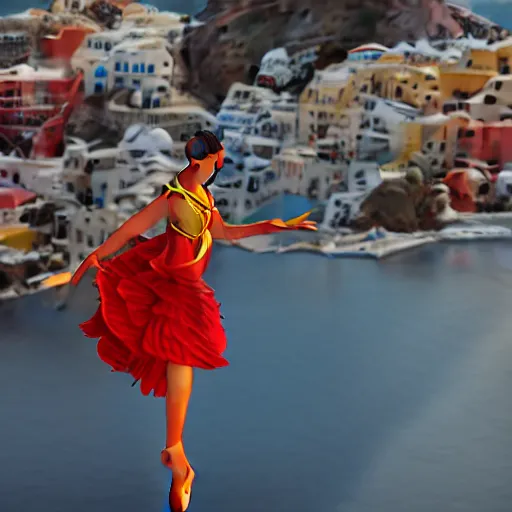 Image similar to beautiful modern dancer wearing a red and yellow and blue swirling dress, standing on a Santorini terrace looking down into the ocean, trending on artstation, cinematic, unreal 5, DAZ, hyperrealistic, octane render, dynamic lighting