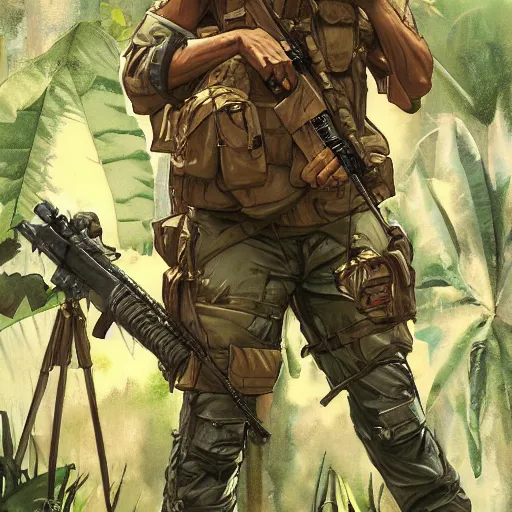 Prompt: american commandos patrolling south american jungle, in the style of artgerm and greg rutkowski and alphonse mucha