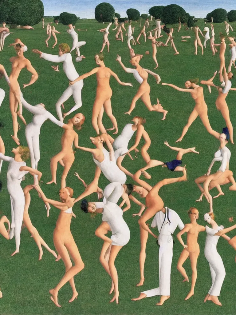 Image similar to A stylish group of disco dancers, dancing outside in a lush green field, pastel colors, long shadows. Painting by Alex Colville, Piero della Francesca
