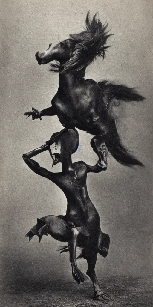 Prompt: [ t rex ] and a horse with high heels, movement, black and white, photograph, 1 8 5 0 s