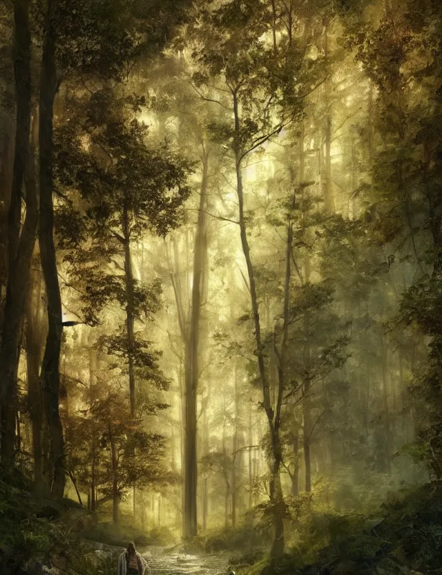 Prompt: most epic landscape, epic cinematic hyperrealism masterpiece. realistic poster with shaded lighting by craig mallismo, artgerm, jeremy lipkin and michael garmash, unreal engine, radiant light, detailed and complex environment, digital art, art station trends, environmental portrait, low angle, 3 5 mm, forest path, misty