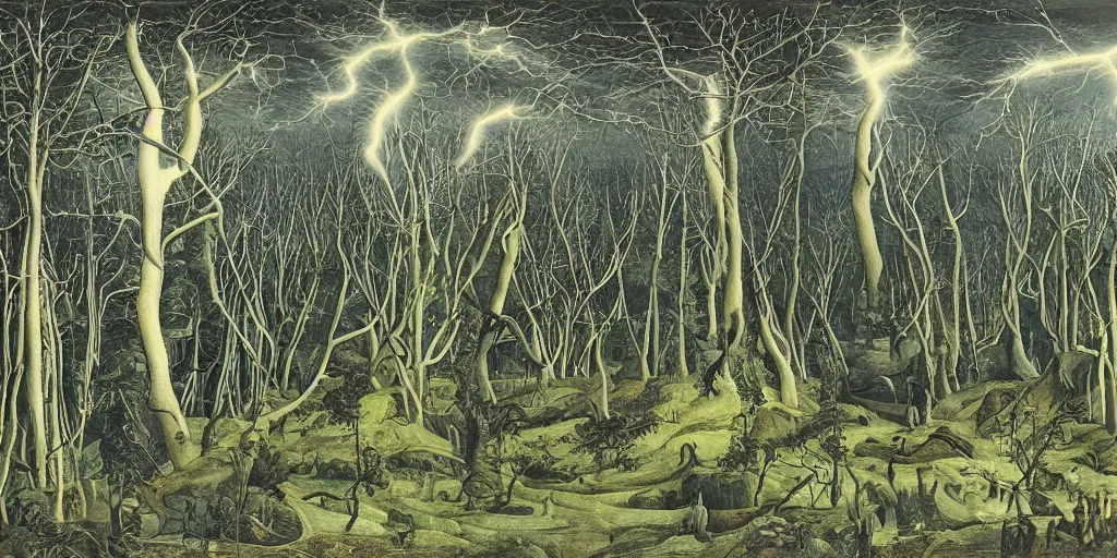 Prompt: a highly detailed landscape painting of electric forestry by bosch, by giger, by beardsley, lush greenery and lightning bolts