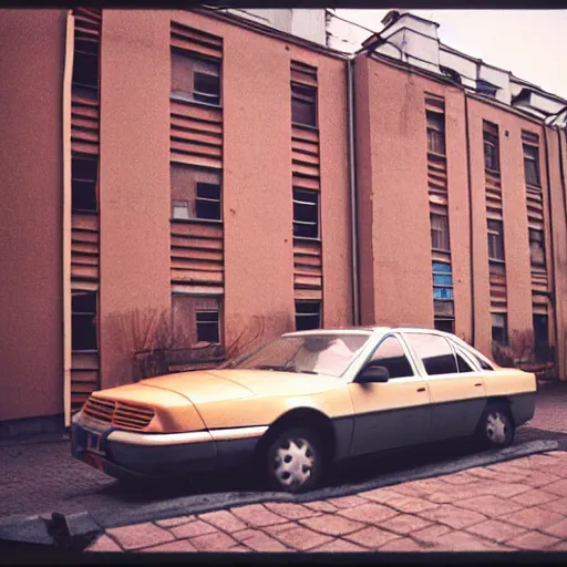 Image similar to low angle shot of russian car in soviet yard with block of flats, cinestill 800t , 80mm ,polaroid, masterpiece, f 1.6, bokeh, mid day in style of william egglestone