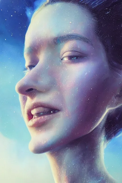 Image similar to 3 d, sci - fi, close - up, morning, smiling fashion model face, sun, cinematic, clouds, sun rays, vogue cover style, poster art, blue mood, realistic painting, intricate oil painting, high detail illustration, figurative art, multiple exposure, poster art, by tooth wu and wlop and beeple and greg rutkowski