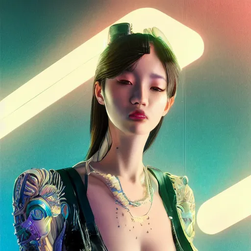 Prompt: the portrait of an absurdly beautiful, graceful, elegant, sophisticated, fashionable cyberpunk gravure idol, an ultrafine hyperdetailed illustration by kim jung gi, irakli nadar, hanna moon, leslie zhang intricate linework, bright colors, collage, porcelain skin, unreal engine 5 highly rendered, cgsociety, global illumination, radiant light, detailed and intricate environment