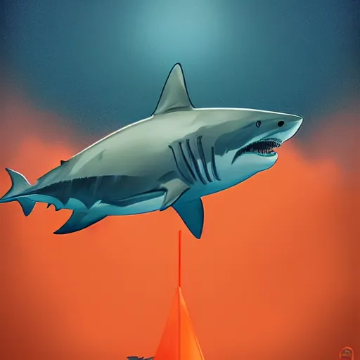 Image similar to great white shark with an orange traffic cone instead of a fin - ron cheng & alphonse mucha, highly detailed, digital painting, ray tracing, concept art, illustration, smooth sharp focus, intricate, symmetry, artstation,