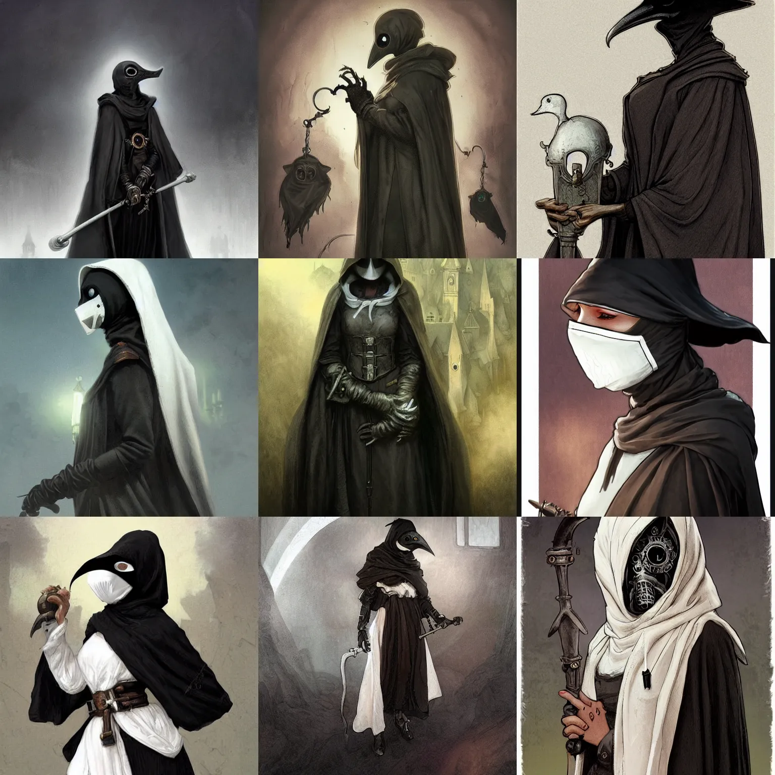 Prompt: female plague doctor with a white mask and a black cloak, white mouse on the shoulder, steampunk, detailed illustration, hd, 4k, digital art, overdetailed art, by greg rutkowski, by Alfons Mucha, complementing colors, Trending on artstation, deviantart