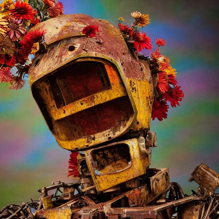 Image similar to closeup portrait of a rusted robot wearing a cloak made of zinnias and rainbows, in an empty field, by Annie Leibovitz and Steve McCurry, natural light, detailed face, CANON Eos C300, ƒ1.8, 35mm, 8K, medium-format print