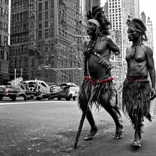 Image similar to detailed 4 k photorealistic papuan tribe walk in detailed new york in the style of nick ut and eddie adams and margaret bourke and yousuf karshs and alfred eisenstaedt