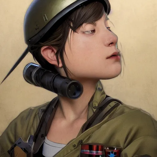 Image similar to side portrait of girl drinking, soldier clothing, combat helmet, anime style, short hair, hair down, symmetrical facial features, from arknights, hyper realistic, 4 k, rule of thirds, extreme detail, detailed drawing, trending artstation, hd, d & d, realistic lighting, by alphonse mucha, greg rutkowski, sharp focus, backlit