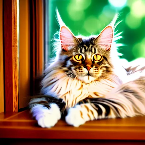 Image similar to portrait cream color maine coon cat curled up, bay window sofa, 8K, 4K, digital art, palette knife, oversaturated lens flair, bokeh, sunbeam, UE5