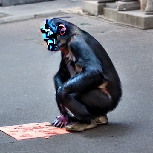 Image similar to a chimpanzee picking up pennies on a street in manhattan, depth of field, breathtaking, detailed and intricate environment, 8 k resolution, hyperrealistic