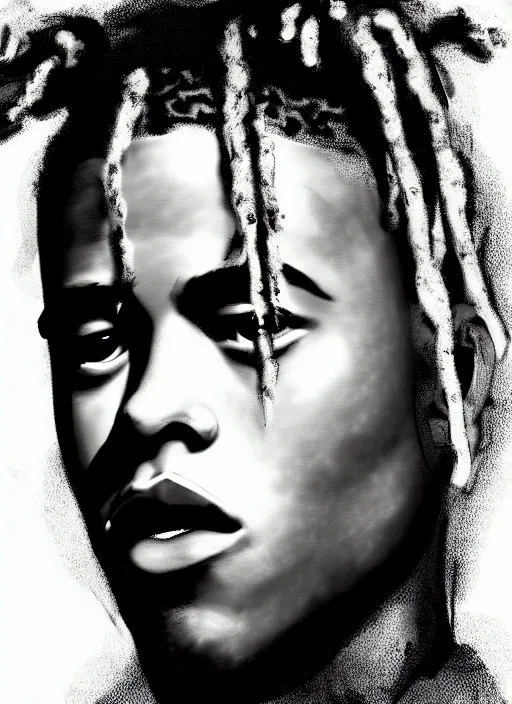 Prompt: highly detailed portrait of XXXTentacion by John Singer Sargent, 4k resolution, nier:automata inspired, bravely default inspired, vibrant but dreary but upflifting blue, black and white color scheme!!! ((Heaven background))