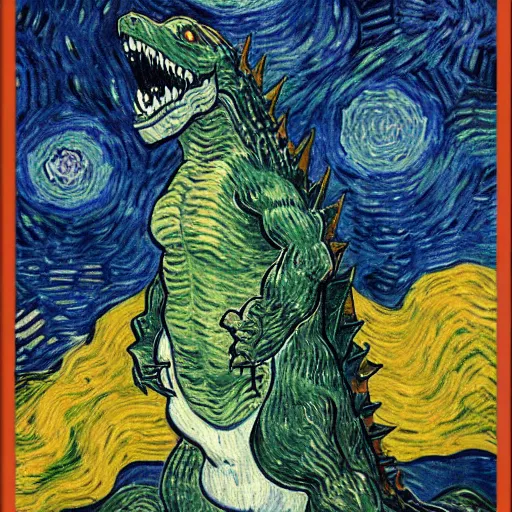 Image similar to godzilla doing atomic breath, by van gogh