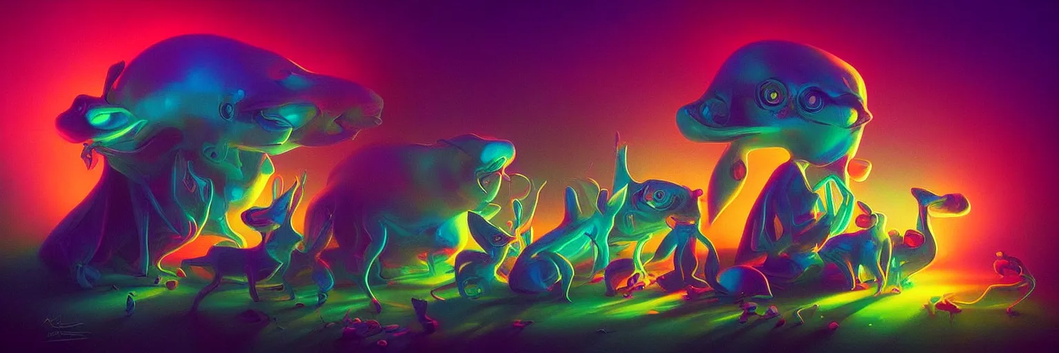 Image similar to whimsical microscopic imaginal creatures from the depths of the collective unconsciouis, dramatic lighting light rays, surreal darkly colorful painting by ronny khalil