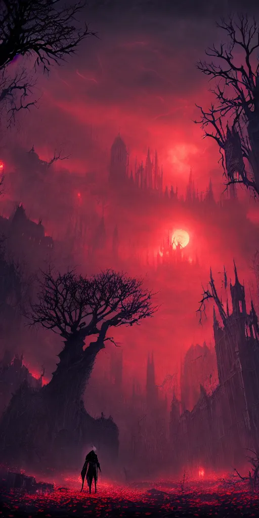 Image similar to abandoned bloodborne old valley with a obscure person at the centre and a ruined gothic city in the background, trees and stars in the background, falling red petals, epic red - orange moonlight, perfect lightning, wallpaper illustration by niko delort and kentaro miura, 4 k, ultra realistic