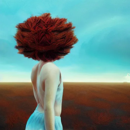 Image similar to closeup giant dahlia flower hair, girl walking between dunes, surreal photography, sunrise, blue sky, dramatic light, impressionist painting, digital painting, artstation, simon stalenhag