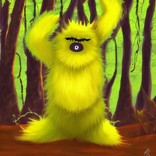 Image similar to A cute yellow furry monster in the forest, digital art